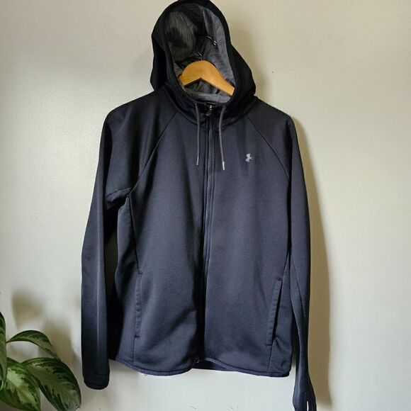 EUC UNDER ARMOUR BLACK ZIP UP HOODIE MOCK NECK WITH POCKETS SIZE M - Picture 1 of 12